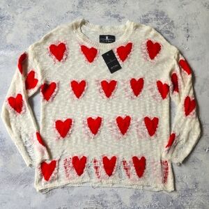 Designer Top Sweatshirt Red Heart Print Stretchy Boho Wripped Shabby Chic Style